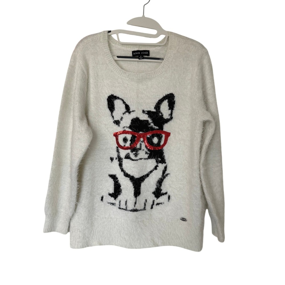 Black Rivet Womens Ivory Fuzzy Eyelash Knit French Bulldog Sequin Sweater Size M